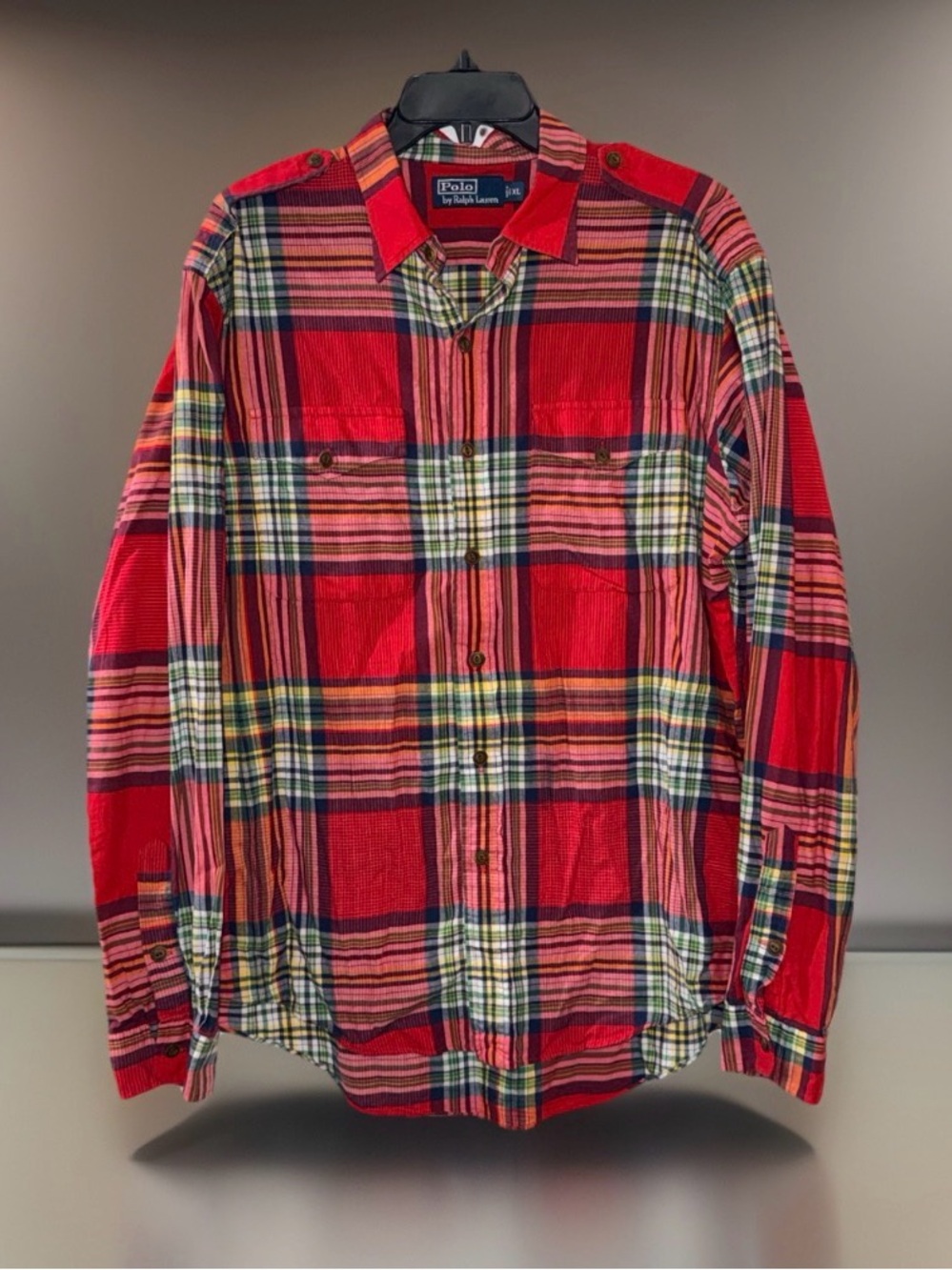 Polo by Ralph Lauren Men’s Red Plaid Casual Button-Down Shirt w/Epaulettes-XL-EC